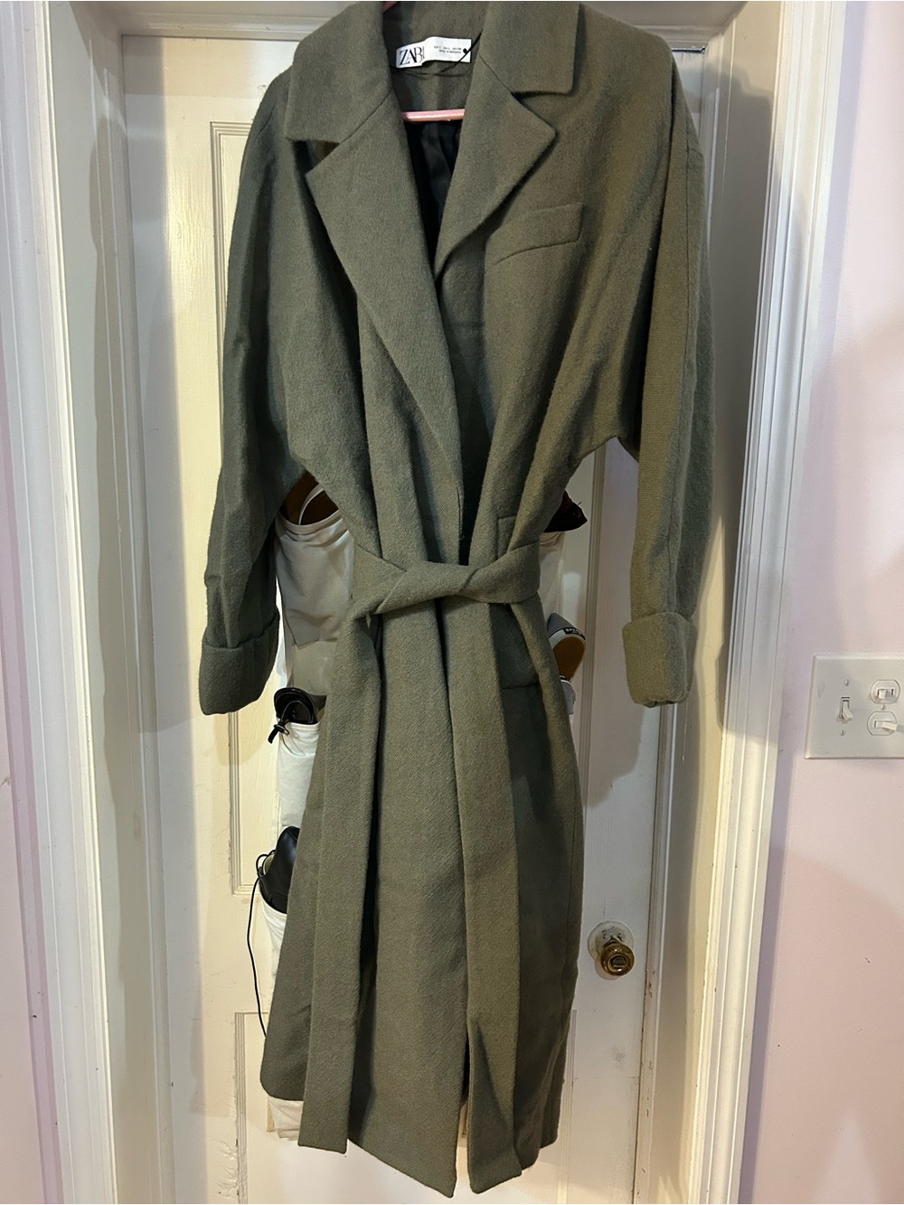 ZARA Olive Green Long Belted Trench Coat